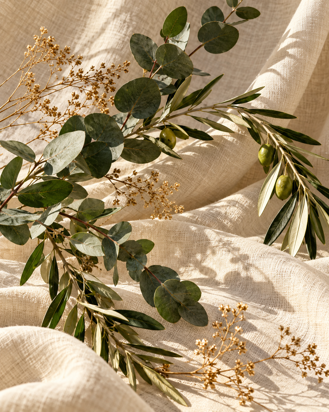 Green botanical leaves and warm light on cream linen